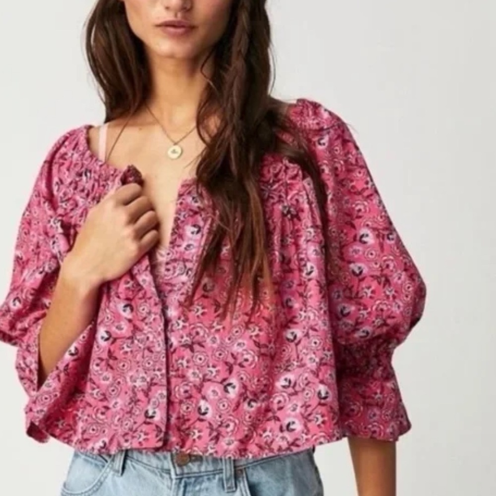 Free People James Smock Top Pink Floral Puff Sleeve Button Down Boxy Crop Top S